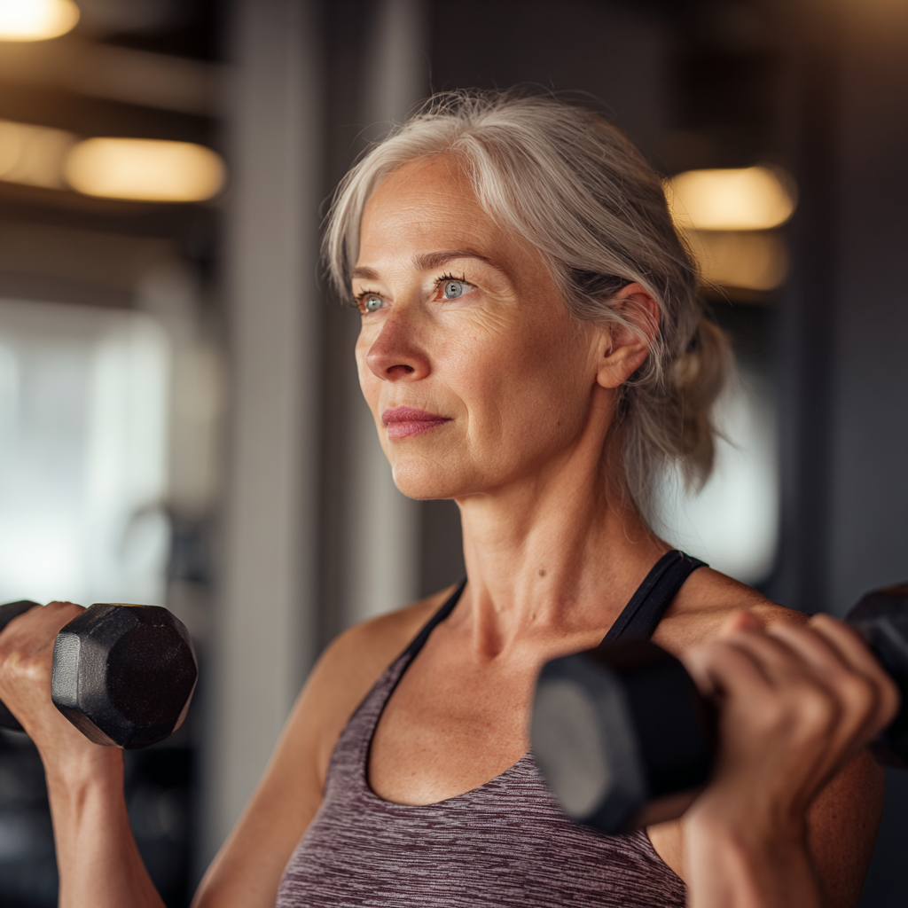 Mature woman exercising with weights in modern fitness studio