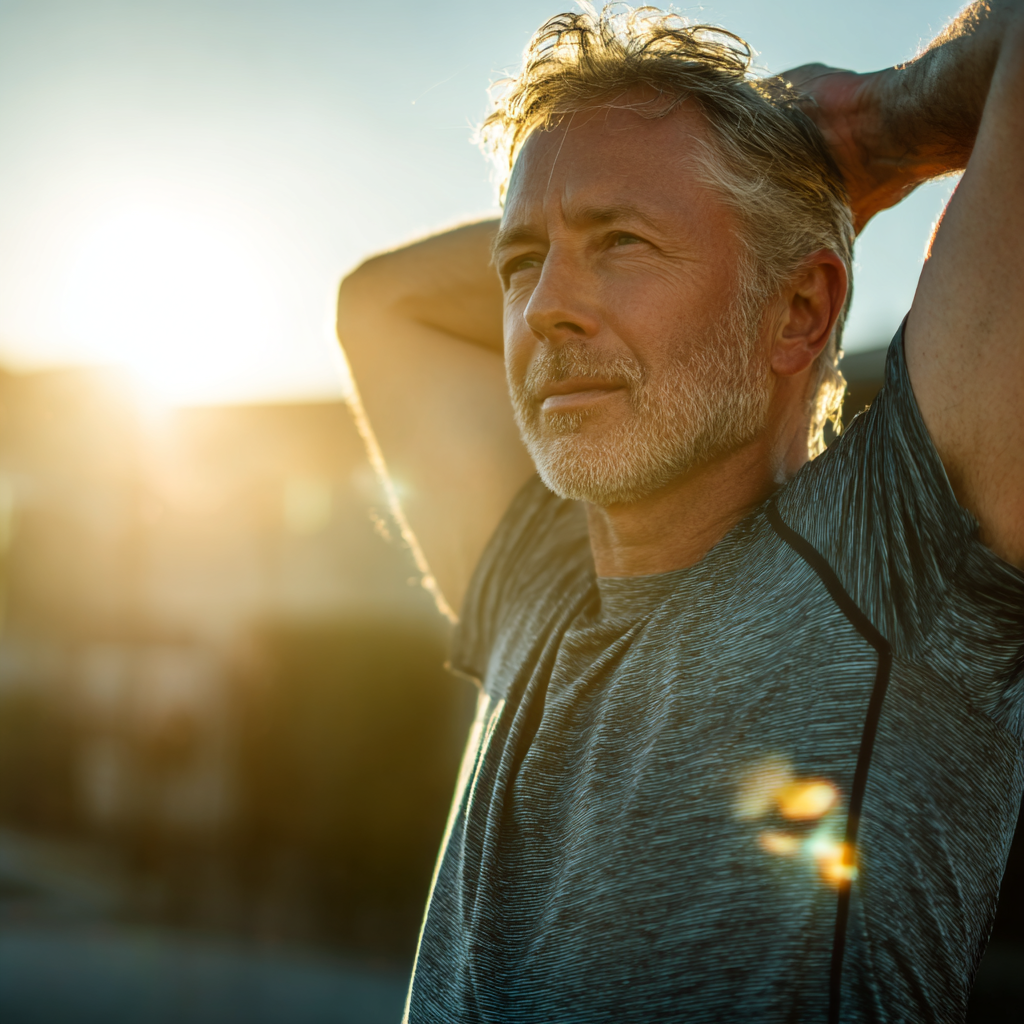 Middle-aged man stretching outdoors in morning sunlight